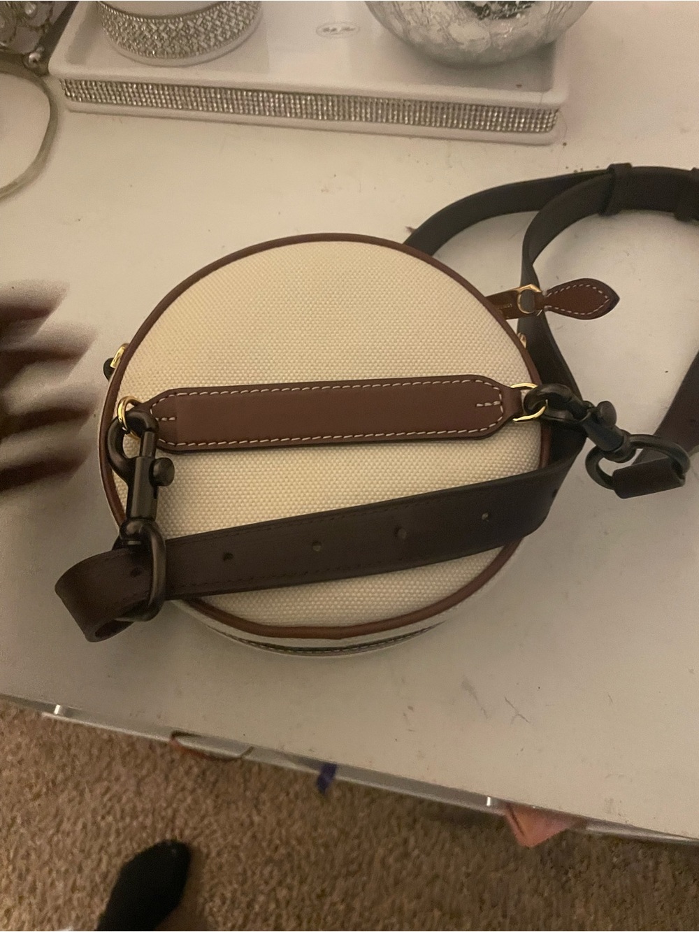 Burberry Round Canvas Belt Bag in Cream and Brown - Picture 2 of 6